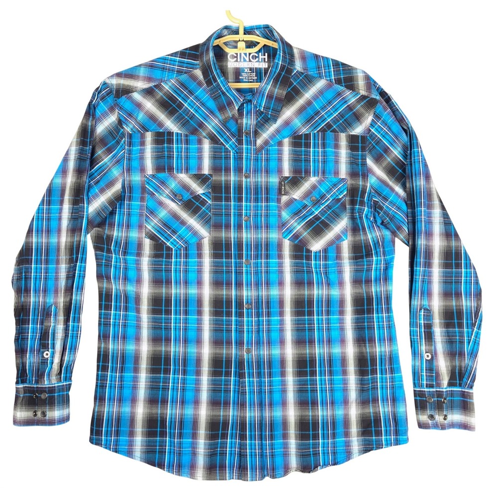 CINCH Modern Fit XL Blue‎ Plaid Long Sleeve Western Snap Shirt Men